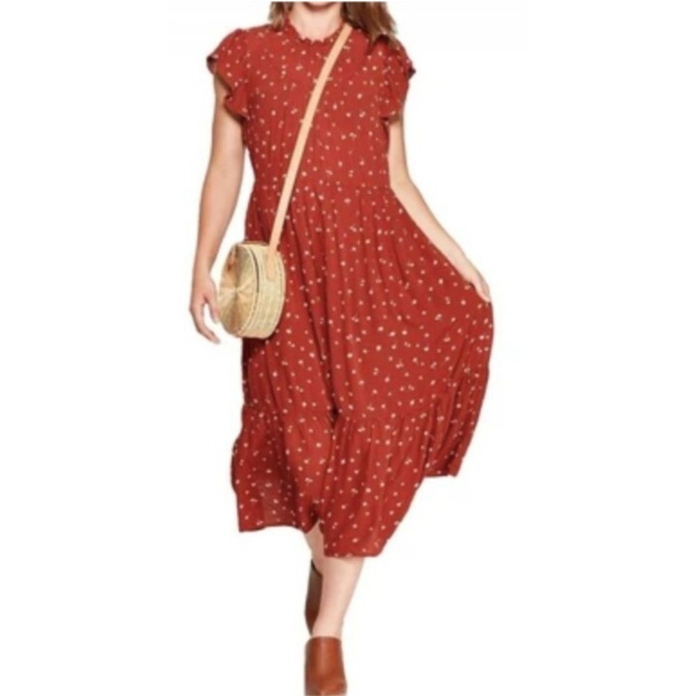 Universal Thread Rust Floral Flutter Sleeve Midi Dress Womens Large Boho Tiered - Picture 3 of 8